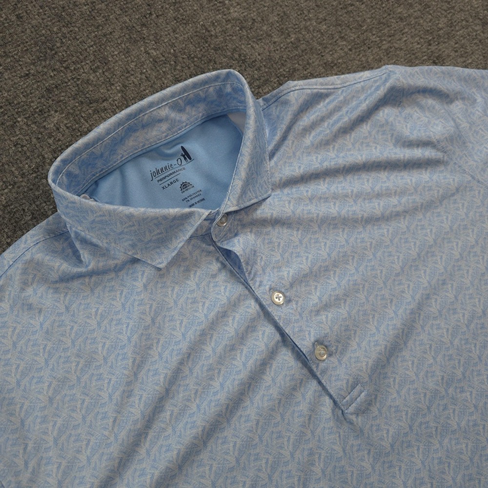 Johnnie O Polo Shirt Mens XL Blue Palm Print Performance Golf Stretch UPF 50